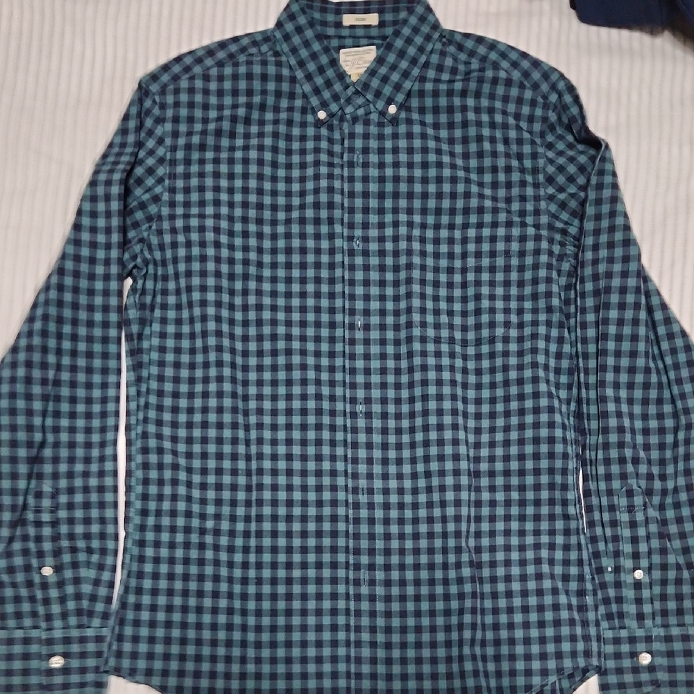 J. Crew Men's Navy and Teal Plaid Shirt